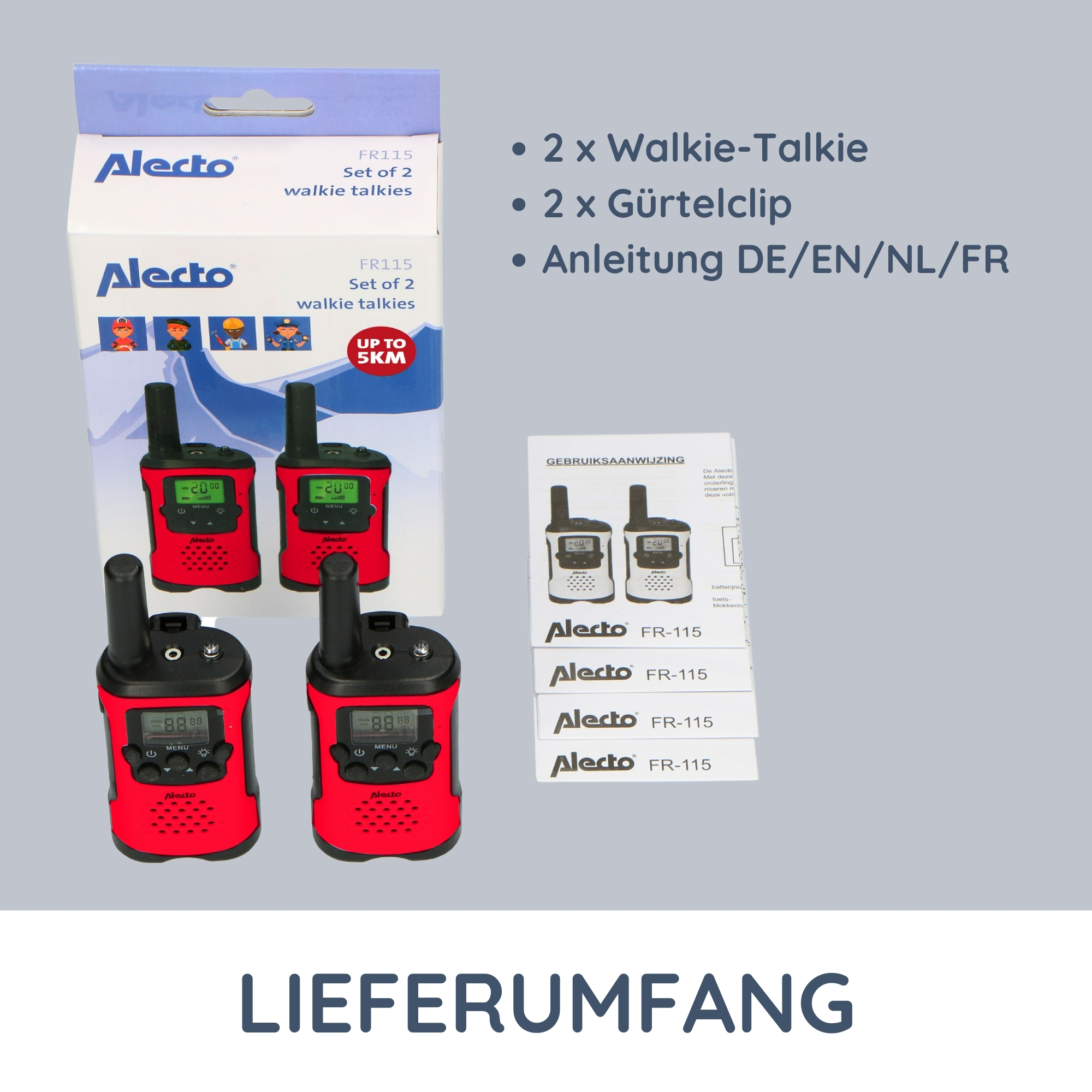 Zestaw krótkofalówek w czerwonym opakowaniu z akcesoriami. Pokazuje krótkofalówki i instrukcję obsługi.