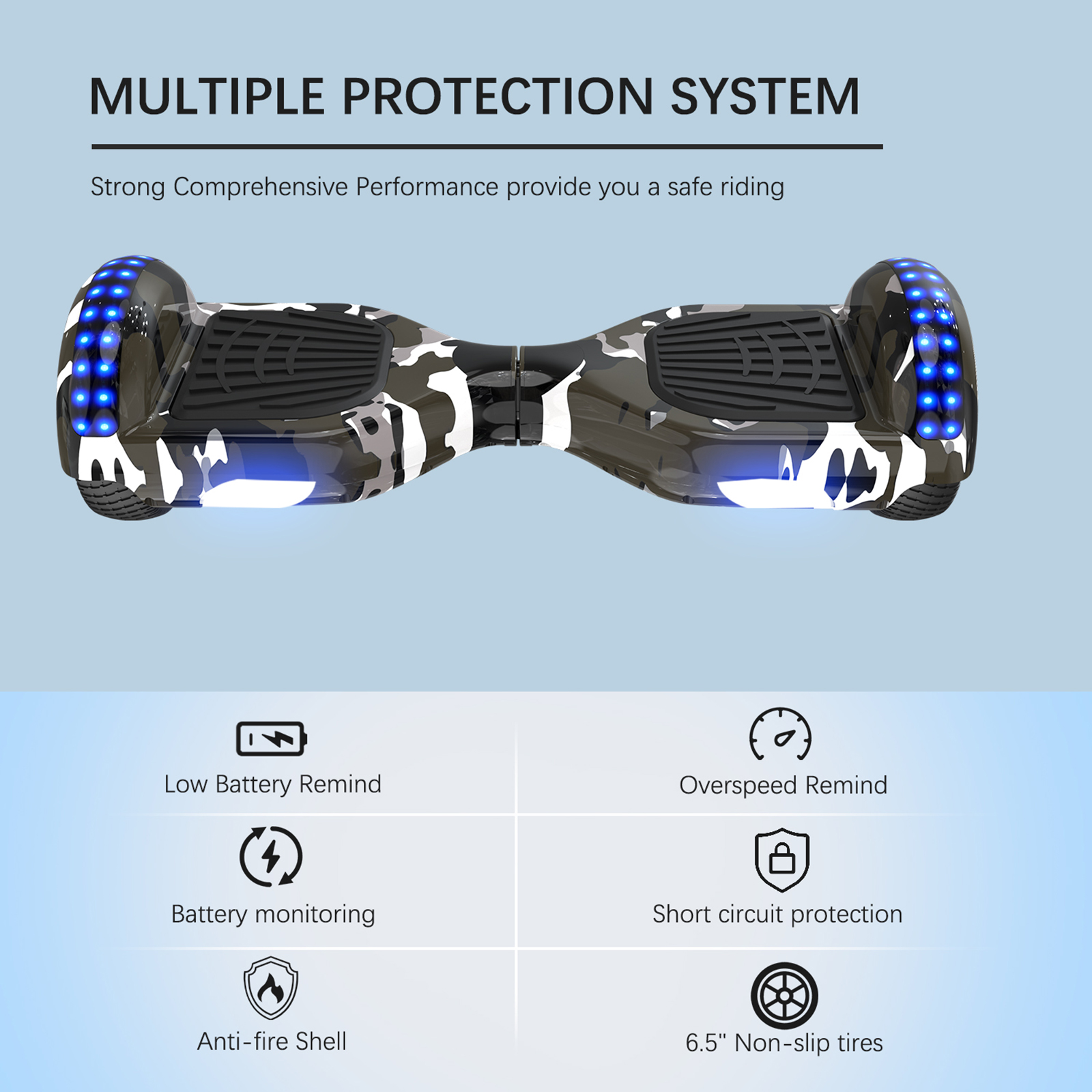 Hoverboard mit Camouflage-Design, verschiedene Sicherheitssymbole werden angezeigt.