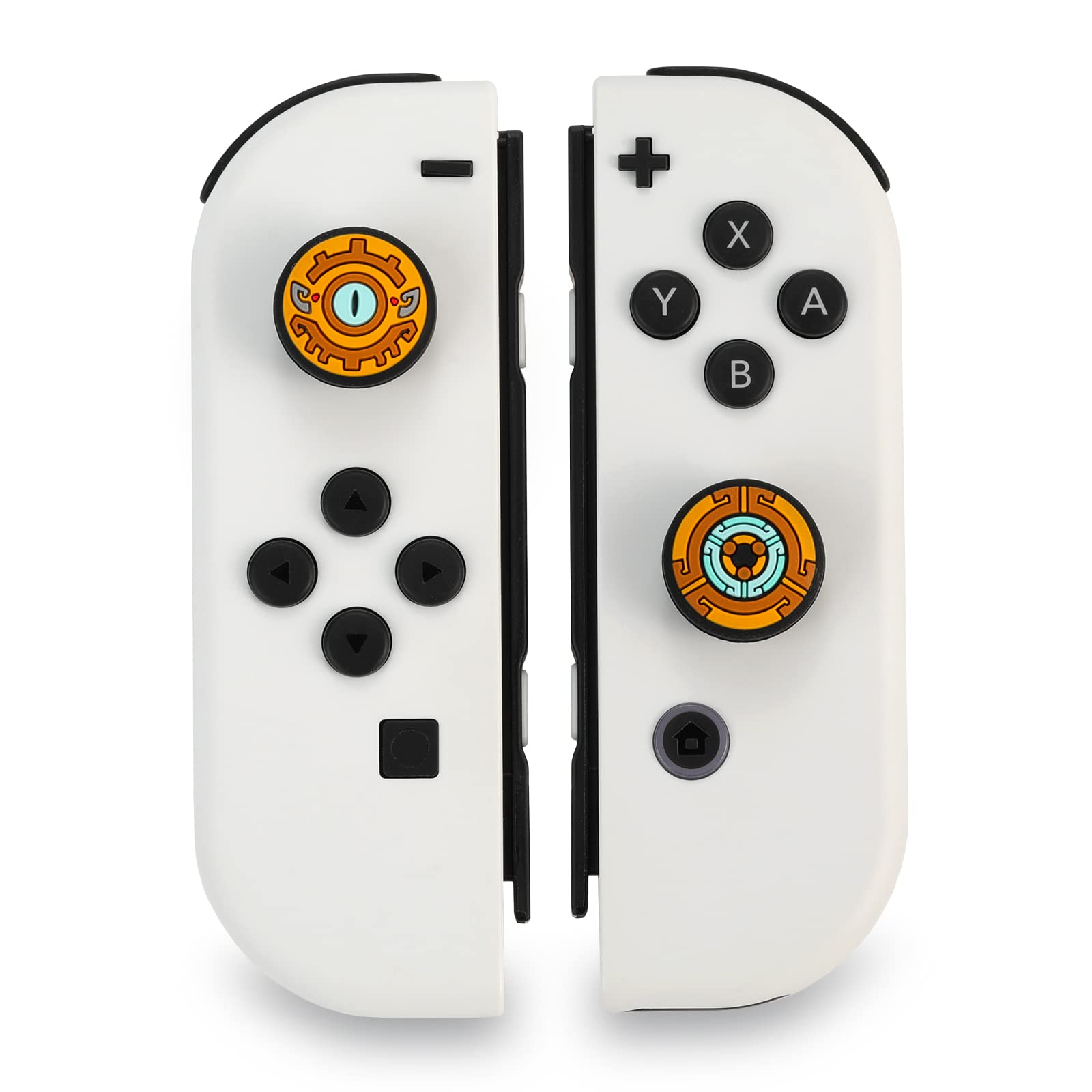 Weiße Nintendo Switch Joy-Cons. Knöpfe sind schwarz. Dekorative orange und goldfarbene Akzente. Isoliert auf Weiß.