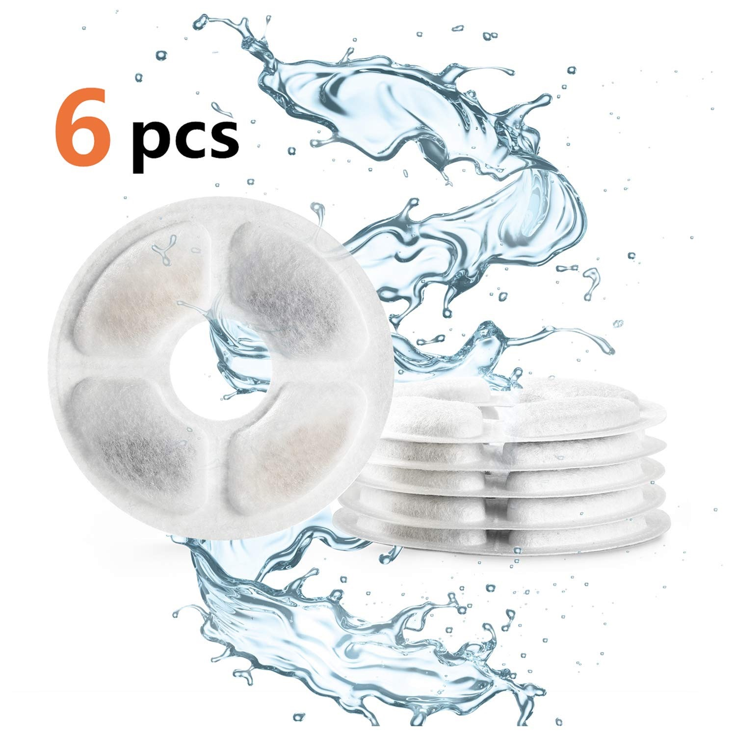 Six pet water fountain filters, arranged around water splashes, with the number '6 pcs' visible.