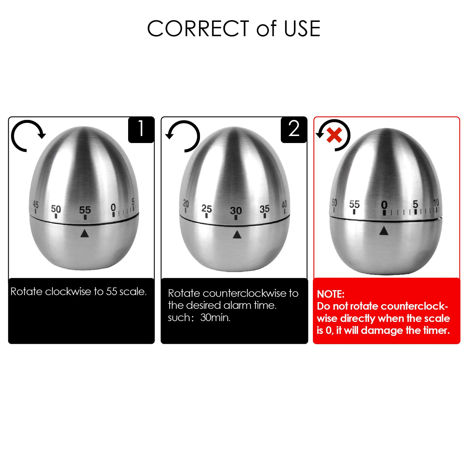 Instrukcje dla timera, pokazujące obrót zgodnie i przeciwnie do ruchu wskazówek zegara.