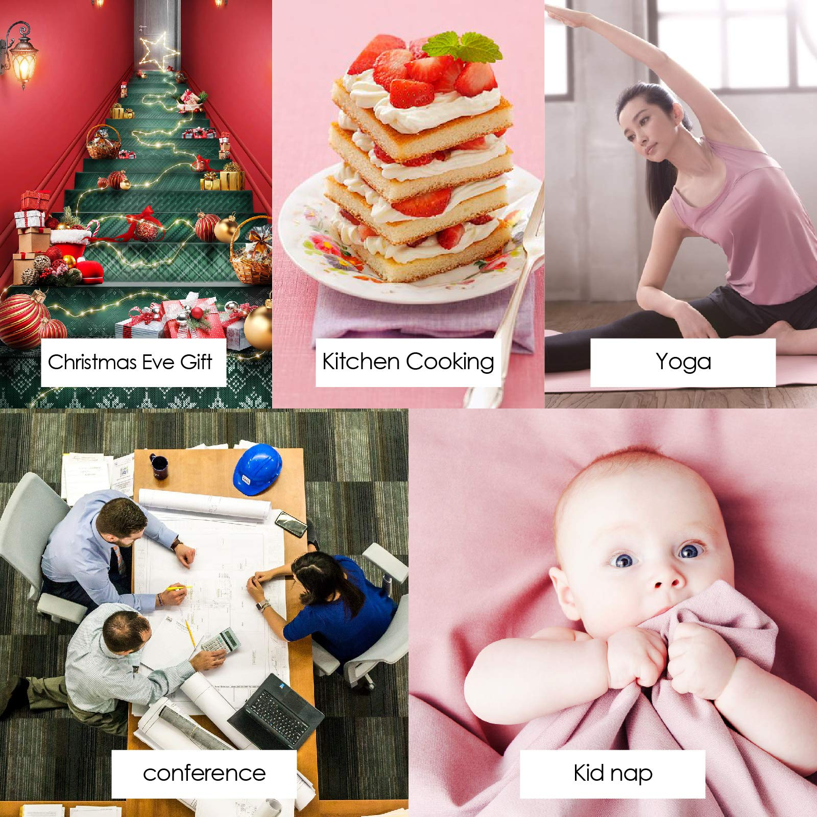 Kolaż: Prezenty świąteczne, ciasto warstwowe, rozciągająca się kobieta, spotkanie w biurze, dziecko z kocem.