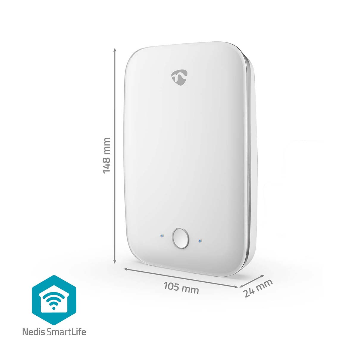 Weißes Smart-Home-Gerät mit den Maßen 148x105x24 mm. Es hat ein Logo und zwei blaue Lichter.