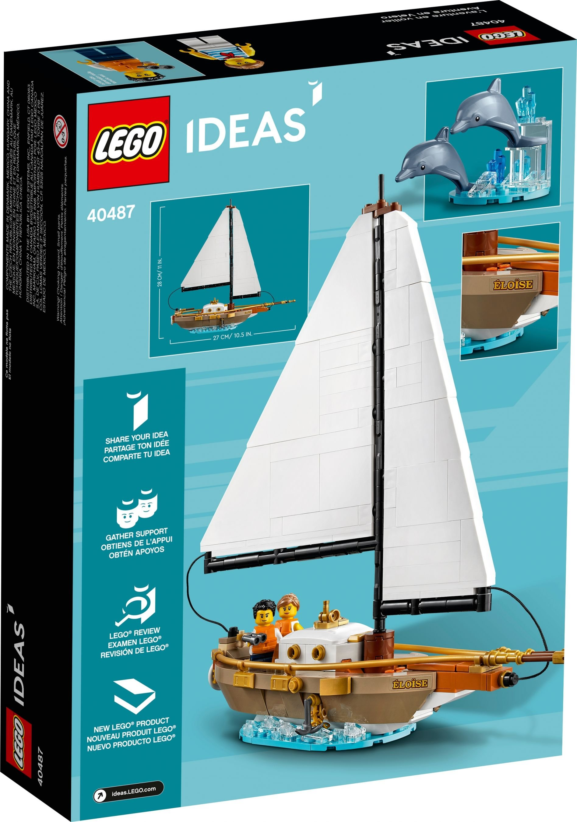 LEGO Ideas Box mit einem Segelbootmodell. Die Box zeigt das Modell mit Delfinen.