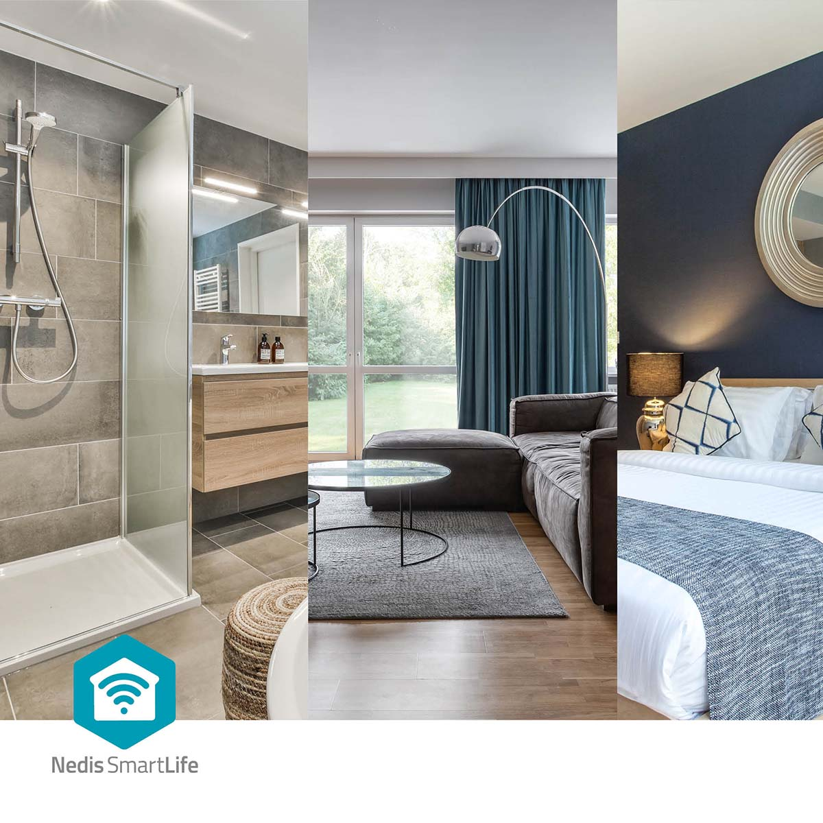 Badezimmer-, Wohnzimmer- und Schlafzimmerszenen. Moderne Einrichtung. Dusche, Sofa, Bett.