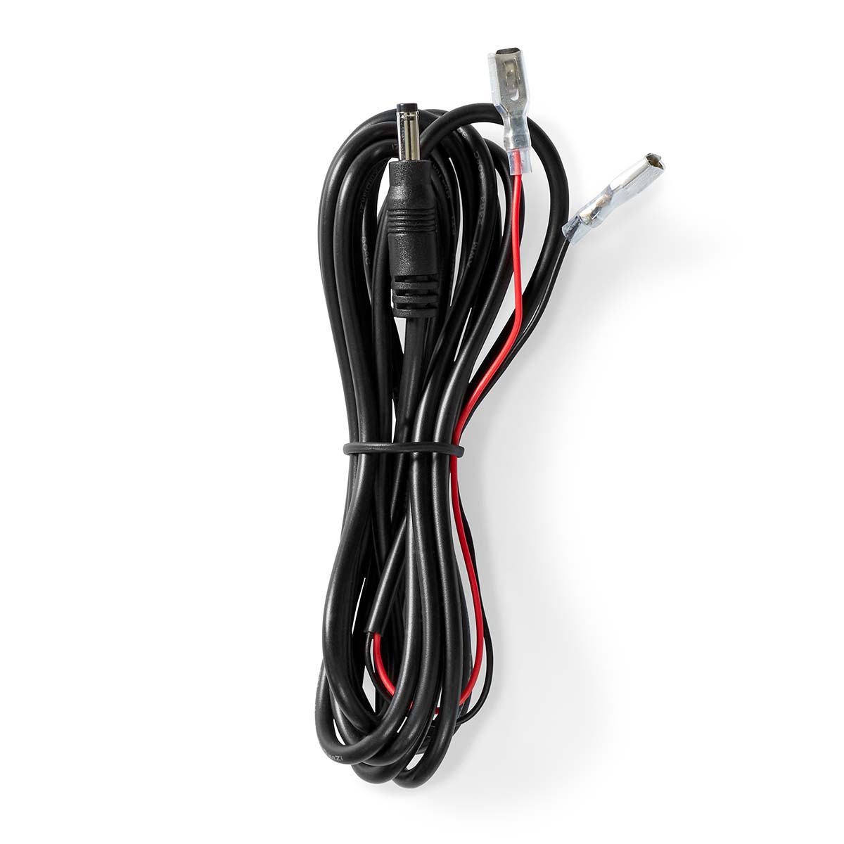 Schwarzes Kabel mit roten und schwarzen Drähten, einem DC-Stecker und blanken Drähten.