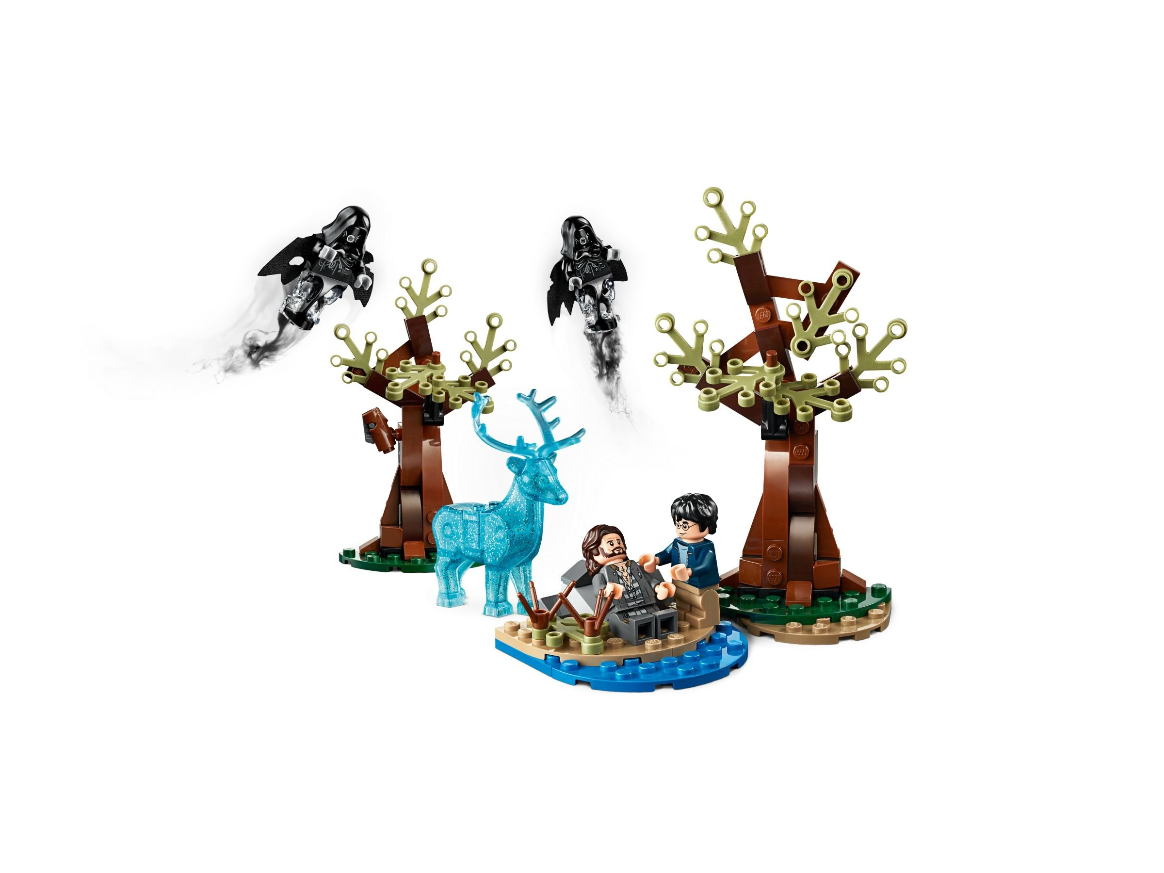 Lego-Set mit Boot, Figuren, Bäumen und geisterhaften Figuren.