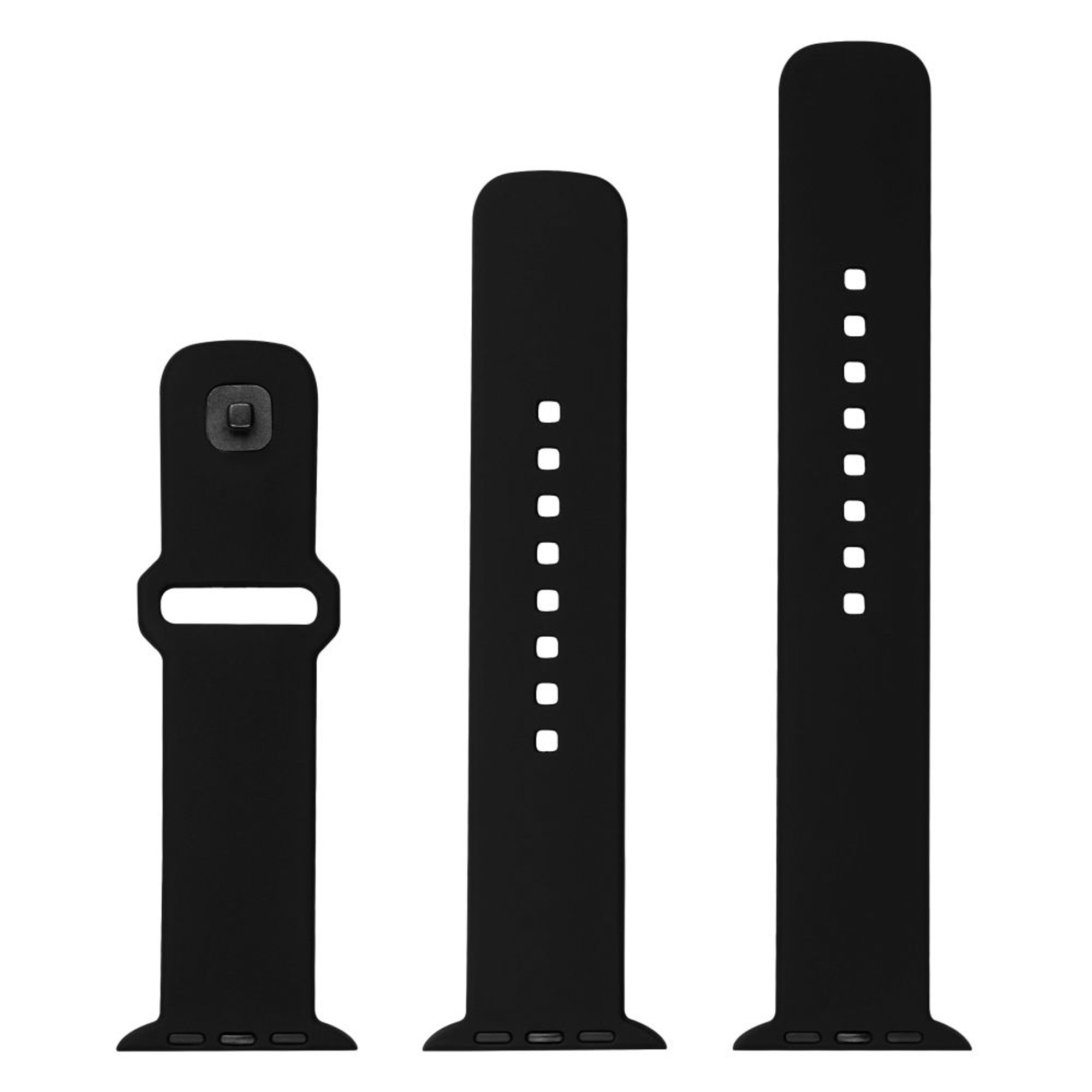Drei schwarze Uhrenarmbänder. Eines hat eine Schnalle, die anderen haben Löcher für Anpassungen.