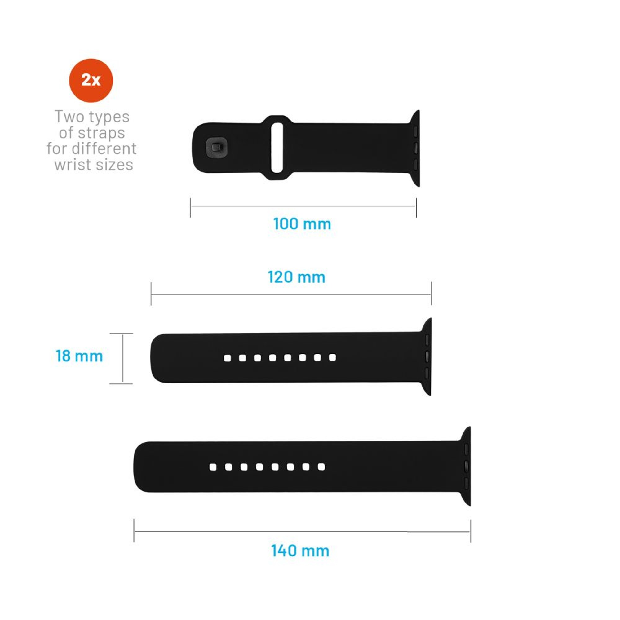 Schwarze Uhrenarmbänder in verschiedenen Längen: 100 mm, 120 mm und 140 mm, mit Maßen. Der Hintergrund ist weiß.