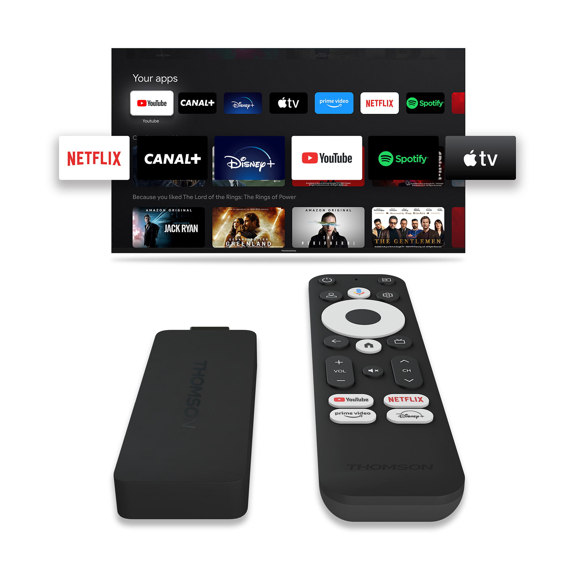 Un televisor mostrando aplicaciones con un mando y un dispositivo de transmisión debajo.