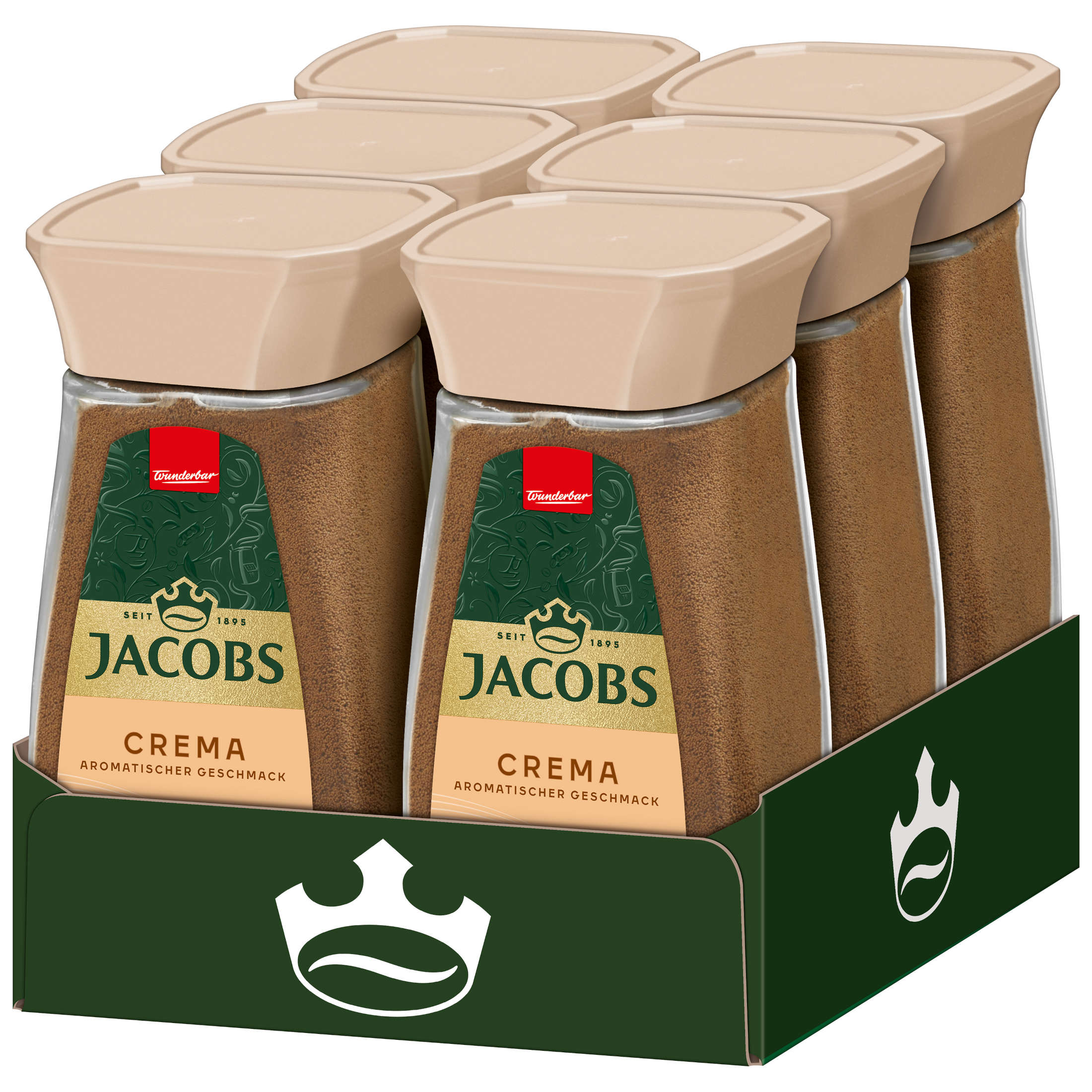 Sechs Gläser Jacobs Crema Kaffee in einer grünen Box.