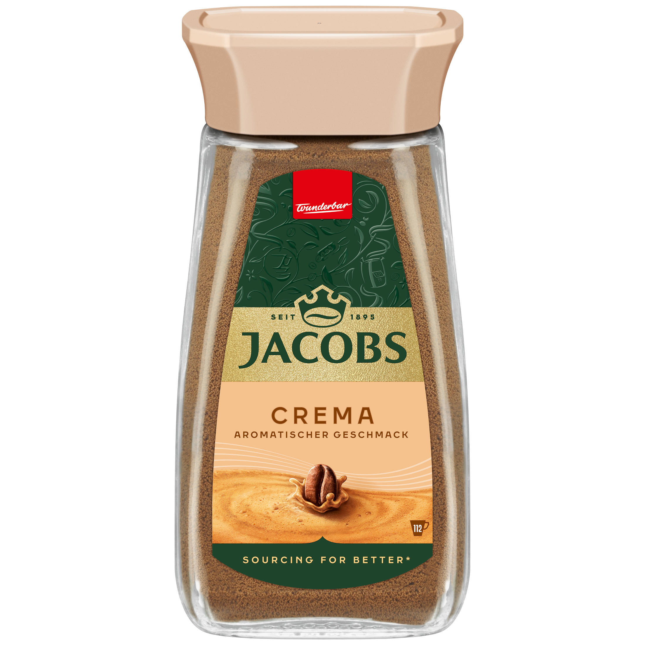 Jacobs Kaffeeglas, braunes Pulver, Kaffeebohne auf dem Etikett, hellbrauner Deckel.