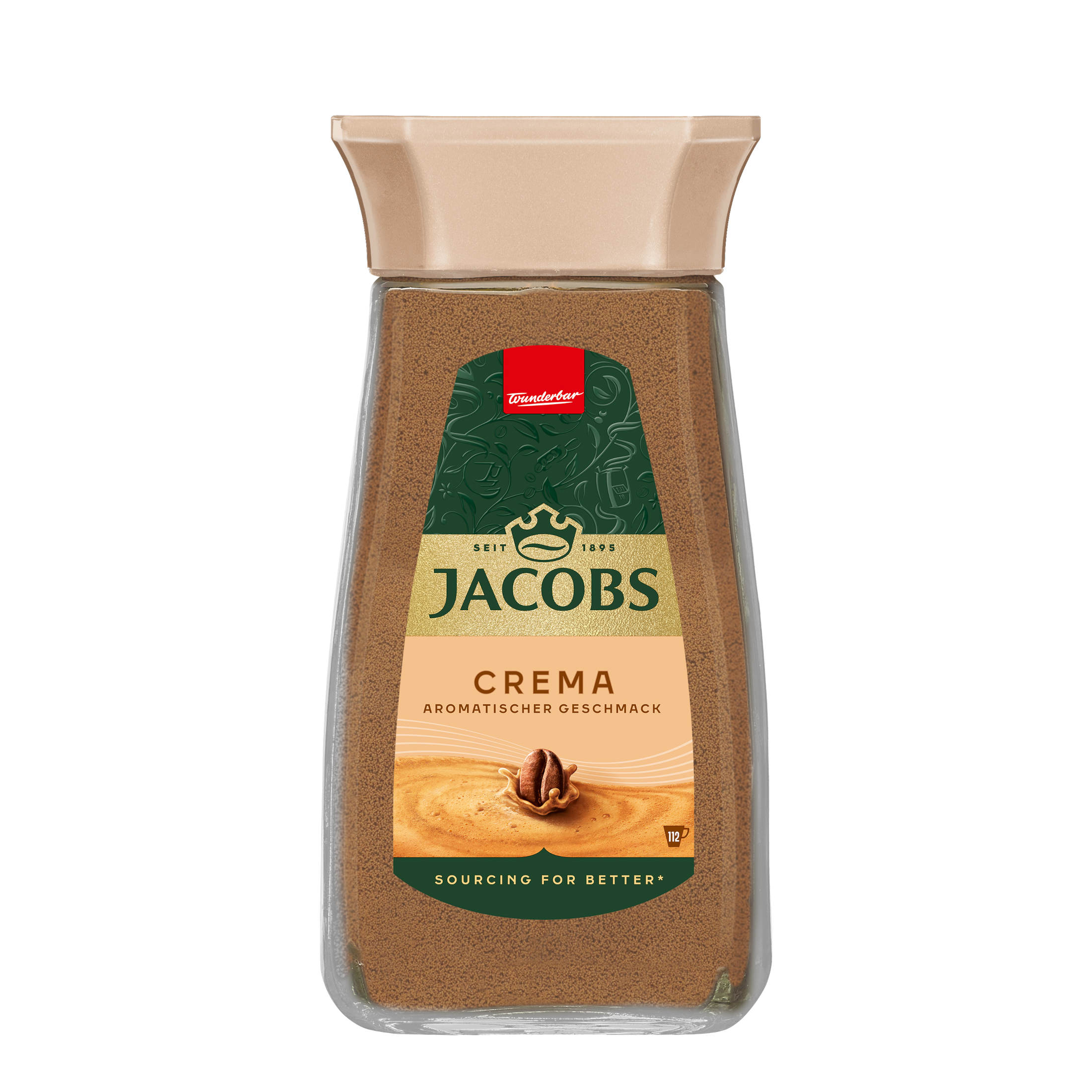 Ein Glas Jacobs Crema Kaffee, mit braunem Pulver und einem braunen Deckel.