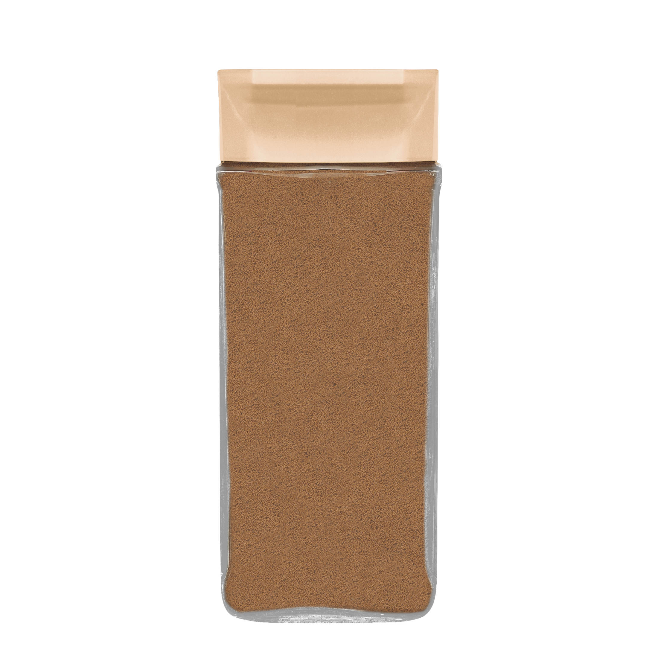 Ein Glasbehälter gefüllt mit braunem Pulver, möglicherweise Instantkaffee. Der Deckel ist hellbraun.