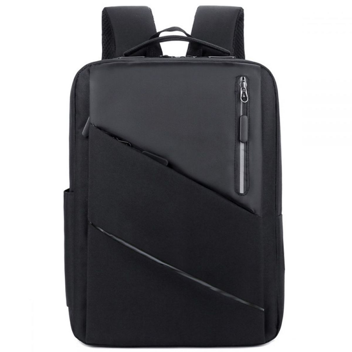 Schwarzer Rucksack mit mehreren Fächern und einem Reißverschluss. Es hat ein schlankes Design und ist für verschiedene Artikel geeignet.