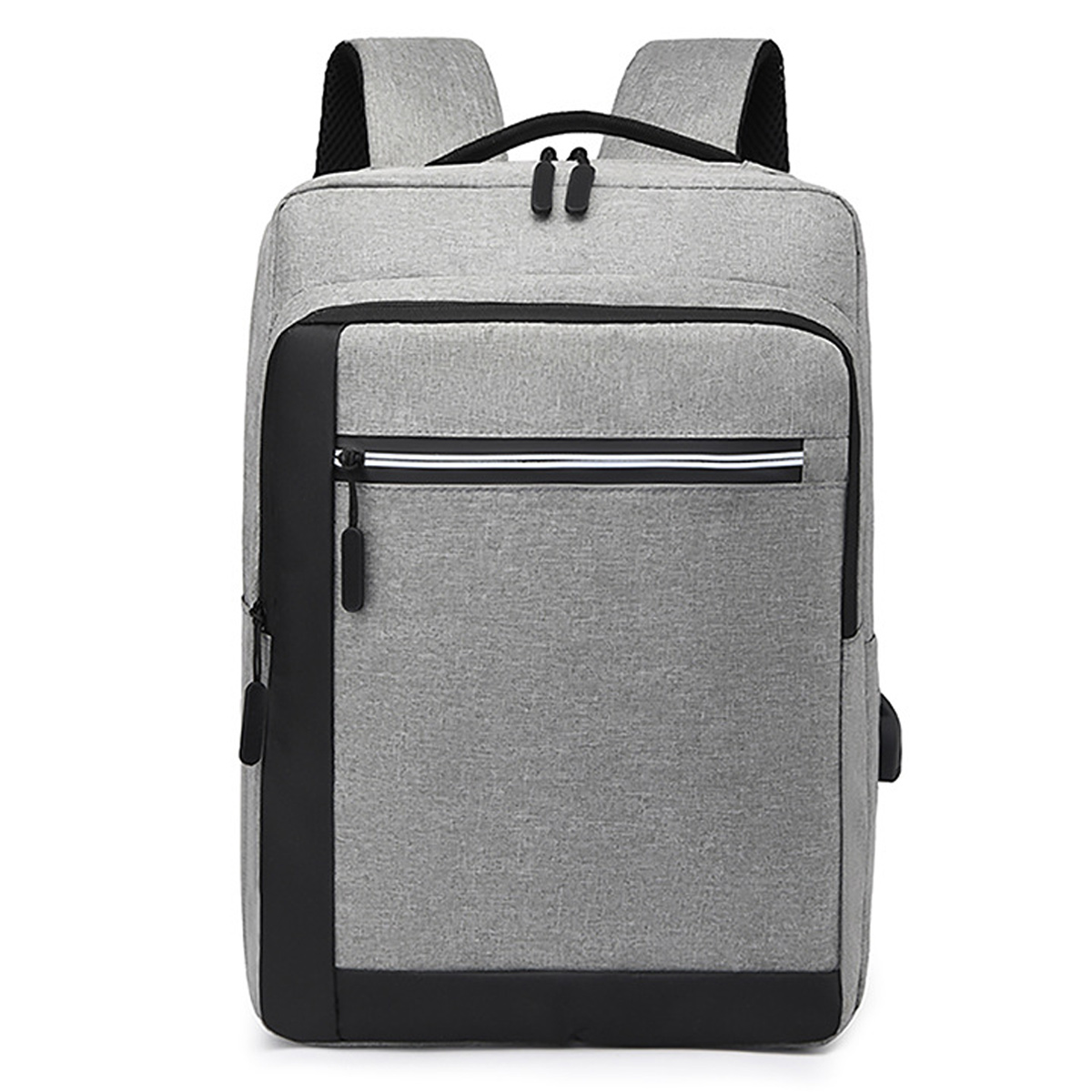 Grauer Rucksack mit schwarzen Akzenten, einer Reißverschlusstasche und einem USB-Anschluss.