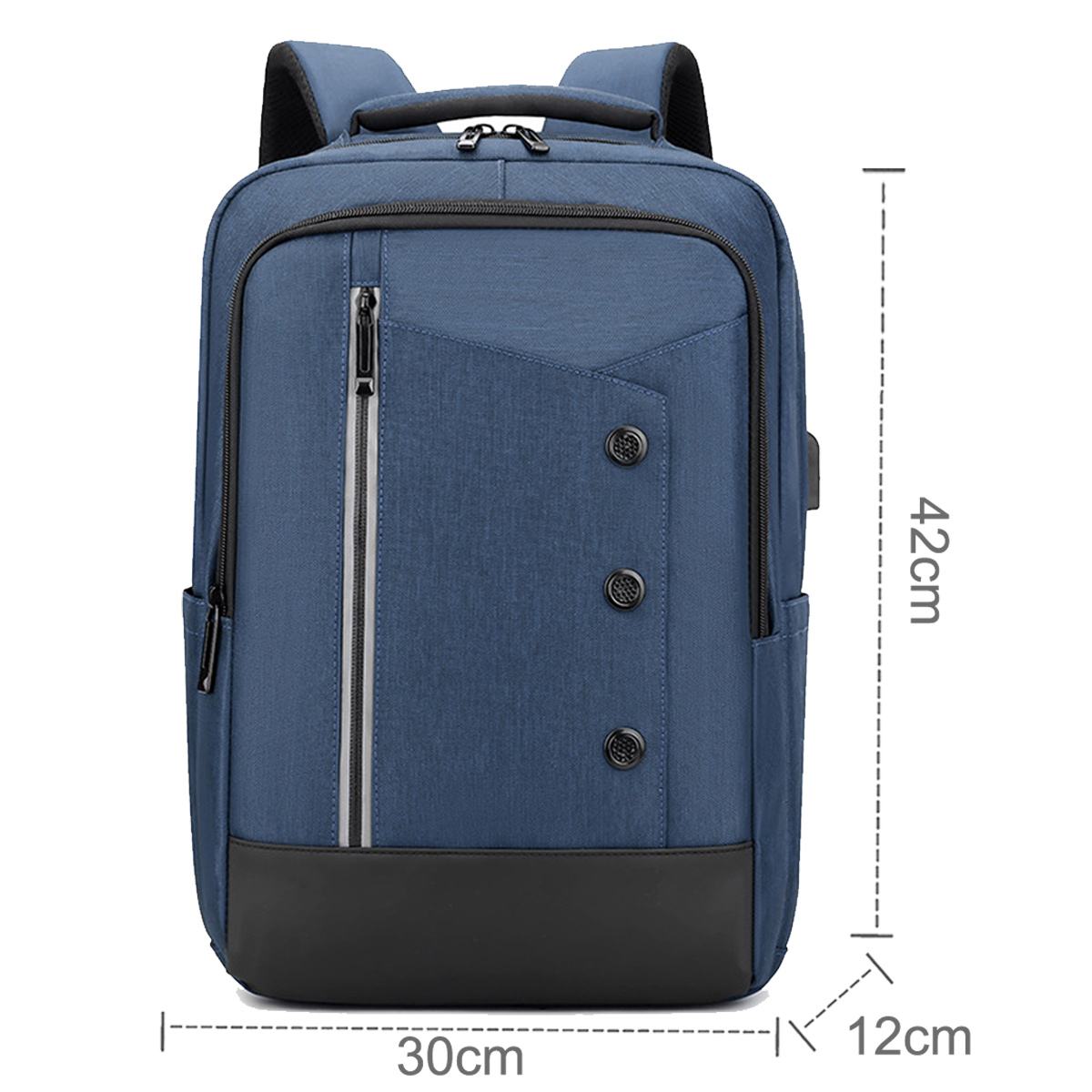 Blauer Rucksack mit schwarzen Akzenten. Abmessungen: 30x42x12cm. Weißer Hintergrund.