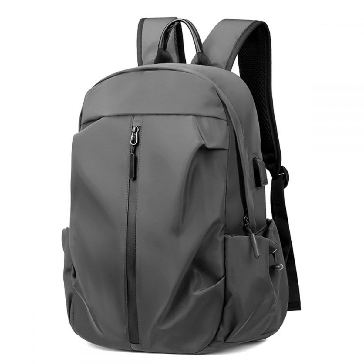 Grauer Rucksack mit schlankem Design, schwarzem Reißverschluss und Griff.