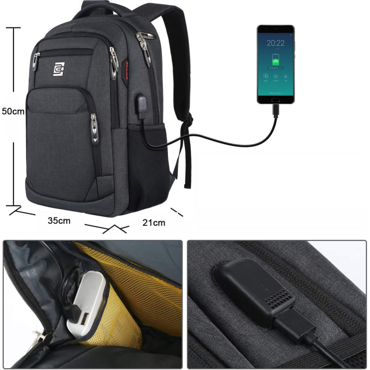 Schwarzer Rucksack mit Maßen und Ladung.