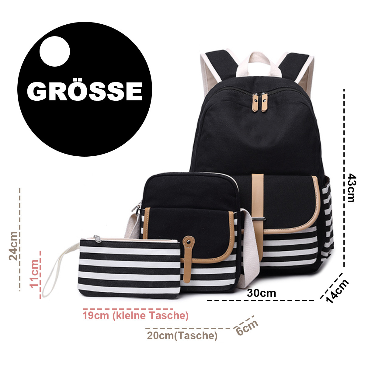 Ein schwarz-weiß gestreifter Rucksack mit passender Umhängetasche und Beutel, mit Größenangaben.