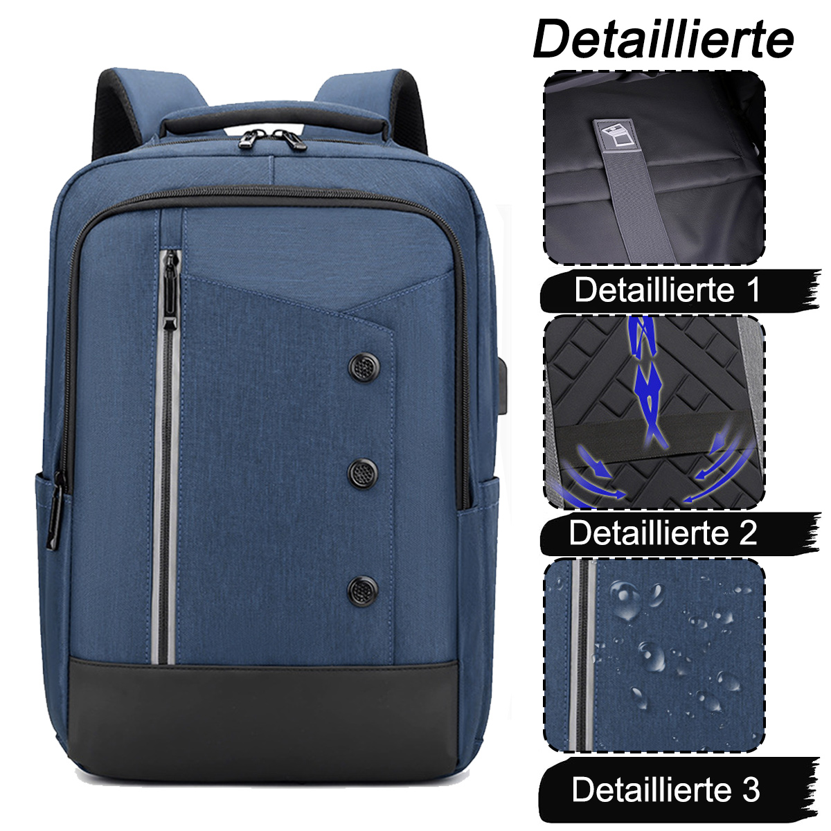Blauer Rucksack mit schwarzem Boden und silbernem Reißverschlussdetail, mit Detailaufnahmen.