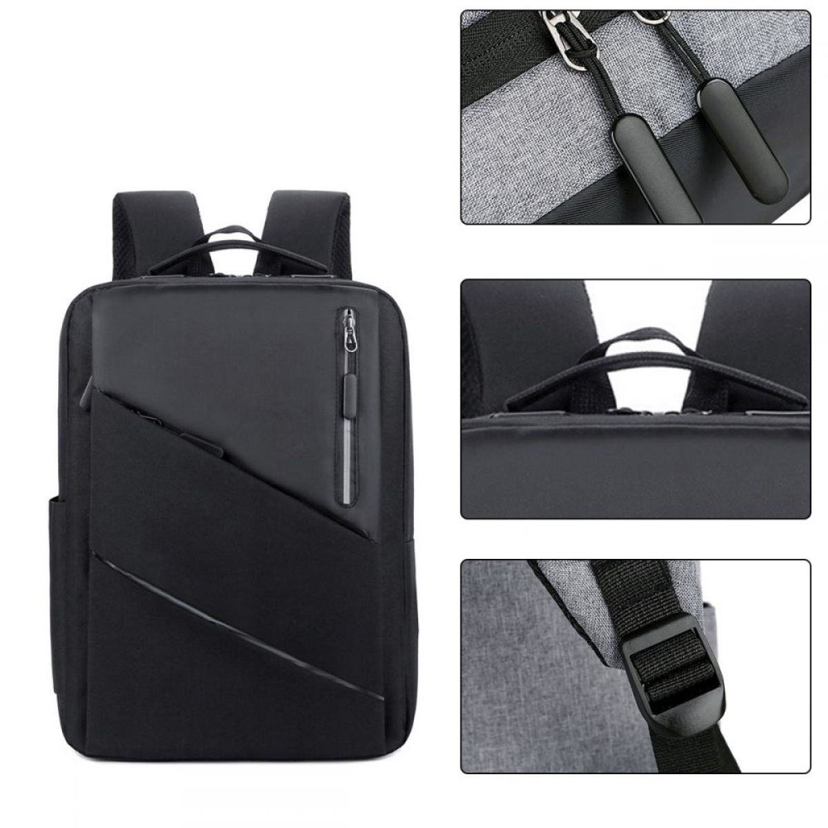Ein schwarzer und grauer Rucksack mit mehreren Taschen und Detailaufnahmen.