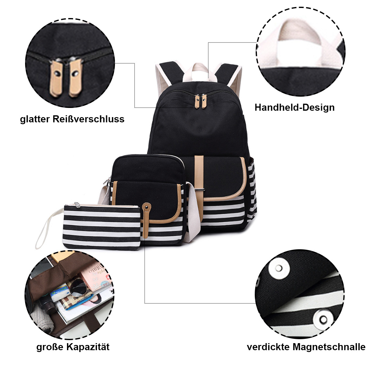 Ein schwarz-weiß gestreiftes Rucksack-Set mit Rucksack, Umhängetasche und Beutel.