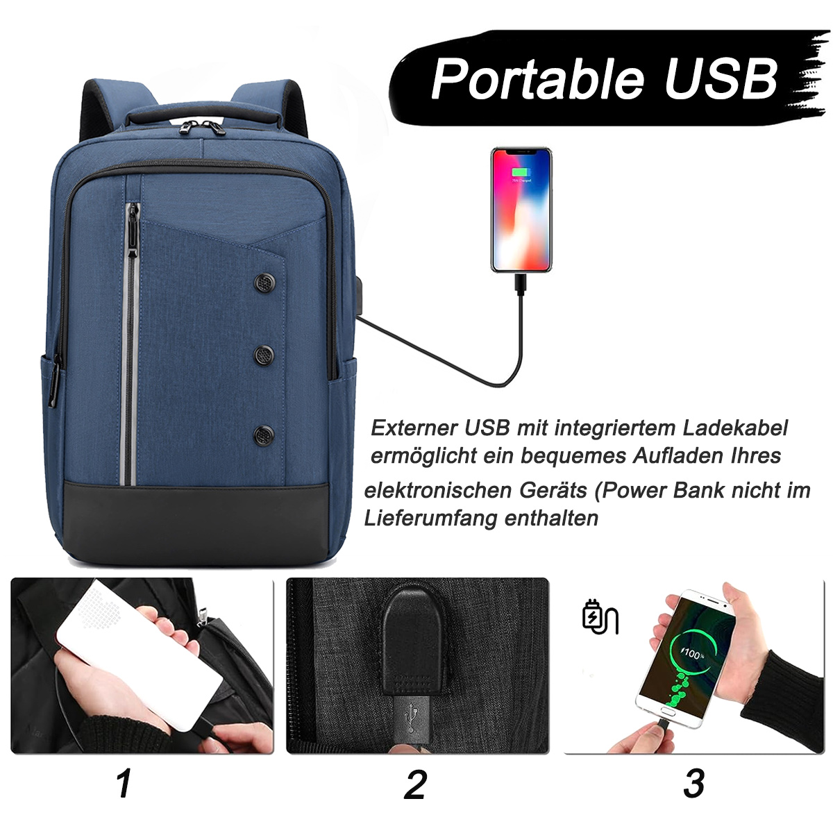 Blauer Rucksack mit USB-Ladeanschluss. Telefon, das an dem Anschluss angeschlossen ist, lädt.