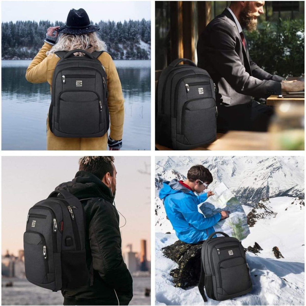 Eine Collage von Personen, die Rucksäcke in verschiedenen Outdoor-Umgebungen tragen: Stadt, Berg und Schnee.