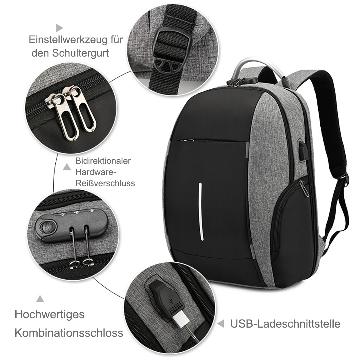 Ein grauer und schwarzer Diebstahlschutzrucksack, dessen Eigenschaften durch Anmerkungen hervorgehoben werden.