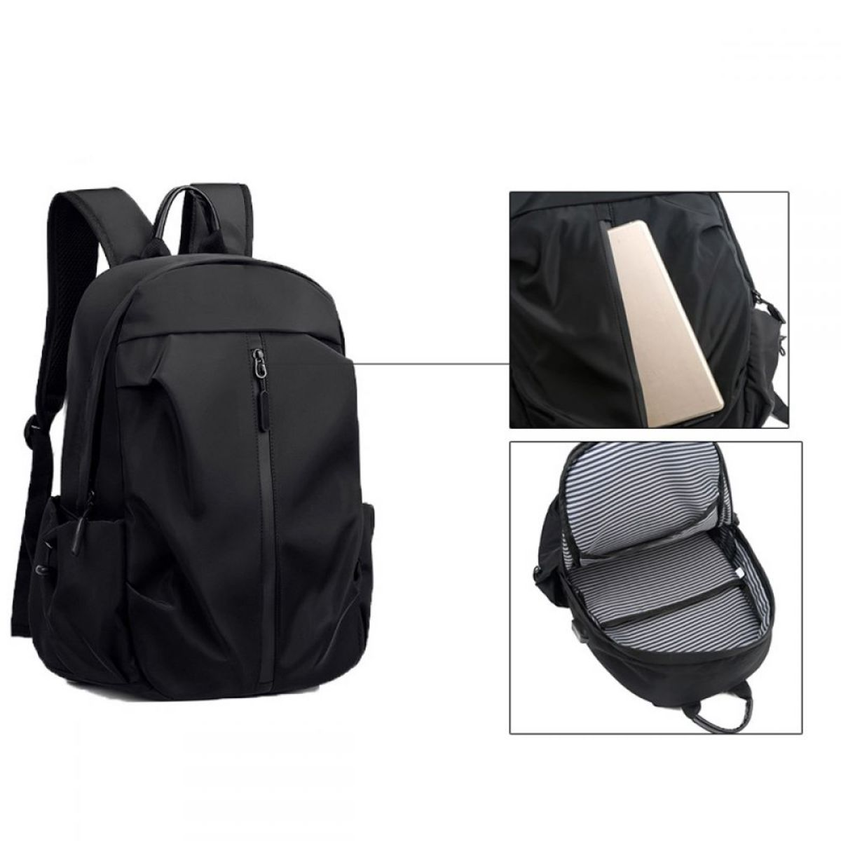 Schwarzer Rucksack mit Taschen. Details der Taschen mit einem Tablet im Inneren. Innen mit Streifen.