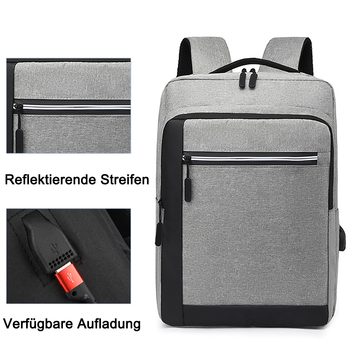 Grauer Rucksack mit schwarzen Akzenten. Nahaufnahme von Reißverschluss und reflektierenden Streifen. USB-Ladeanschluss.
