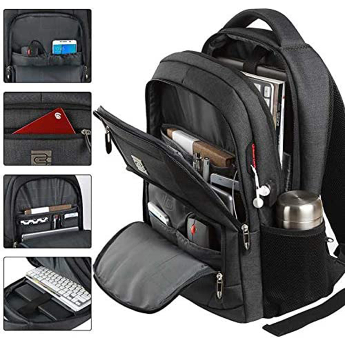 Schwarzer Laptop-Rucksack mit mehreren Taschen, Inhaltsanzeige und seitlichem Wasserflaschenhalter.