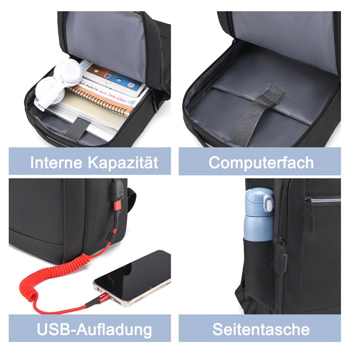 Schwarzer Rucksack mit Innenkapazität, Laptopfach, USB-Aufladung und Seitentasche.