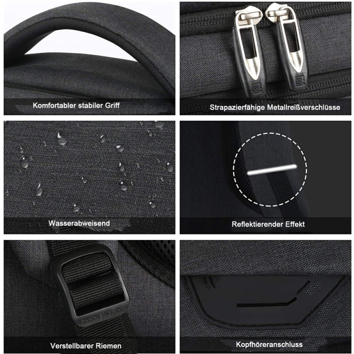 Nahaufnahme eines schwarzen Rucksacks mit Details: Griff, Reißverschlüsse, wasserabweisend, reflektierender Effekt.