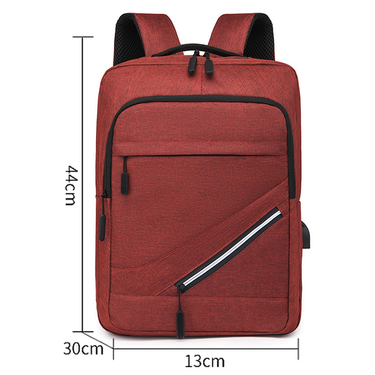 Roter Rucksack mit den Maßen 44x30x13 cm. Der Rucksack hat eine Vordertasche und einen Reißverschluss.