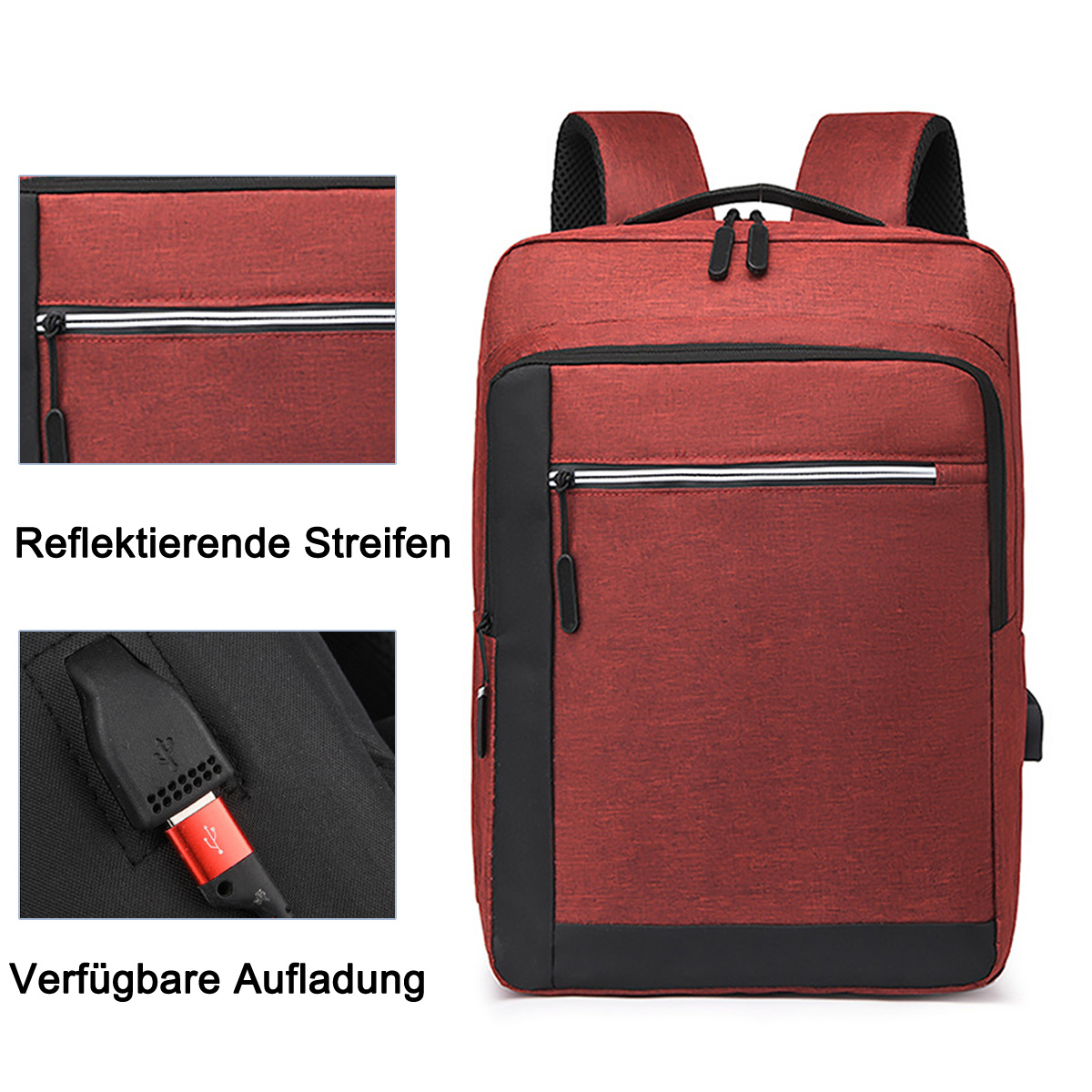 Roter Rucksack mit schwarzen Akzenten und reflektierenden Streifen, Details von Ladeanschluss und Reißverschluss.