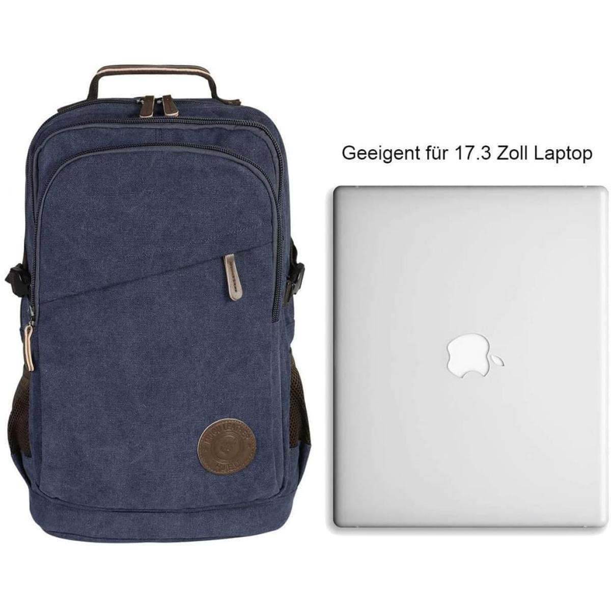 Ein blauer Rucksack mit einem Laptop und Textüberlagerung.
