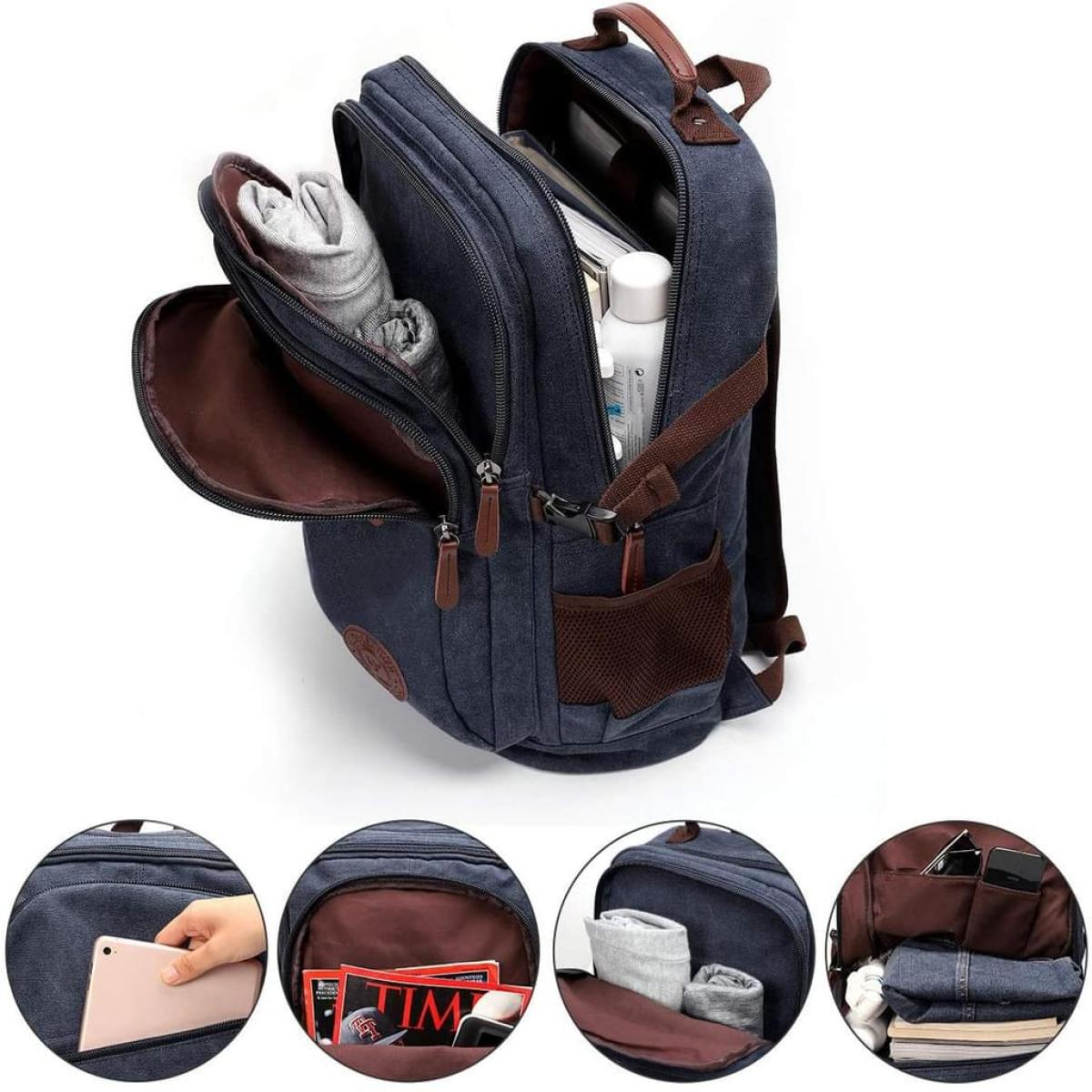 Marineblauer Rucksack mit mehreren offenen Taschen, die Inhalte wie Kleidung, Bücher und eine Flasche zeigen.