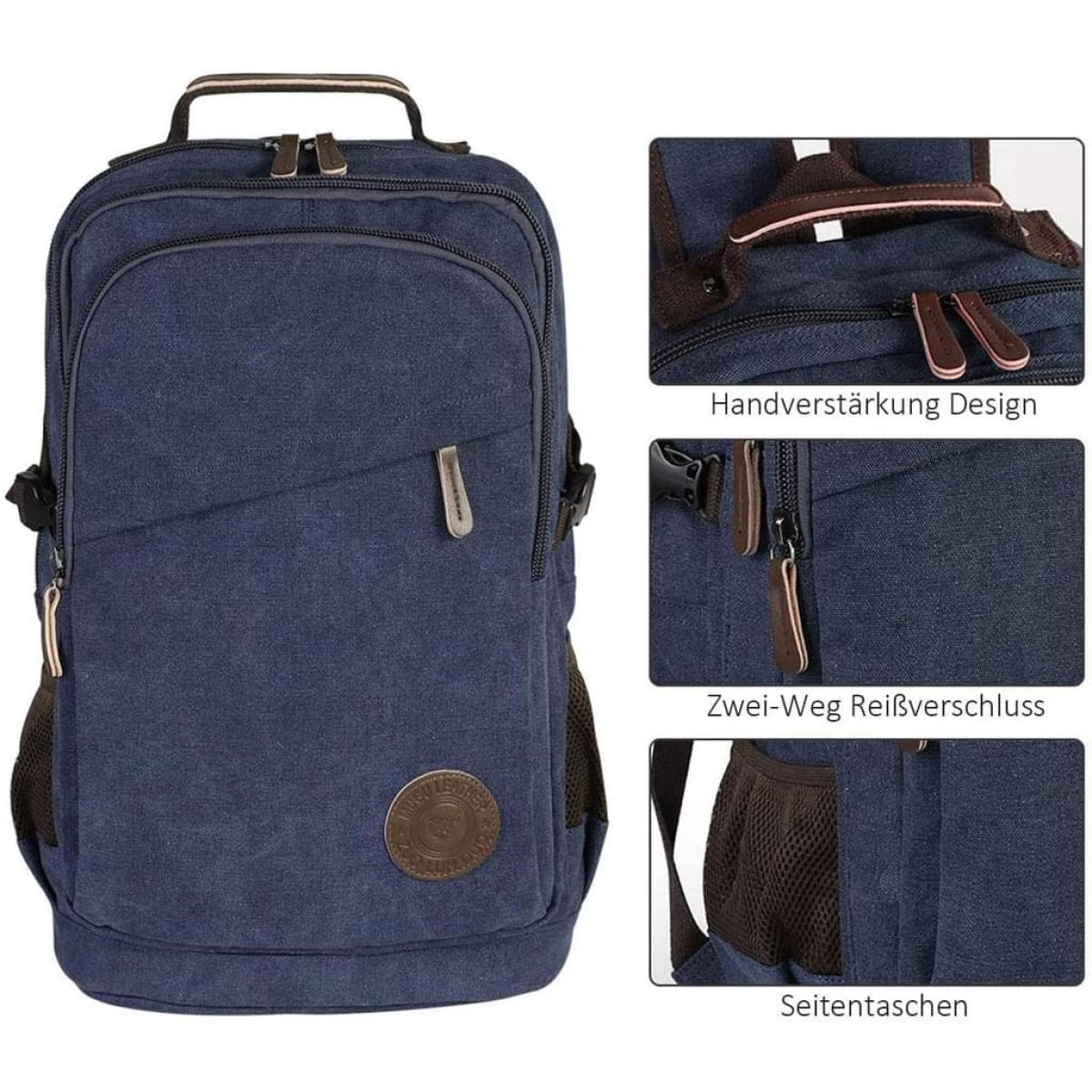 Blauer Canvas-Rucksack mit mehreren Taschen und einem Lederaufnäher.