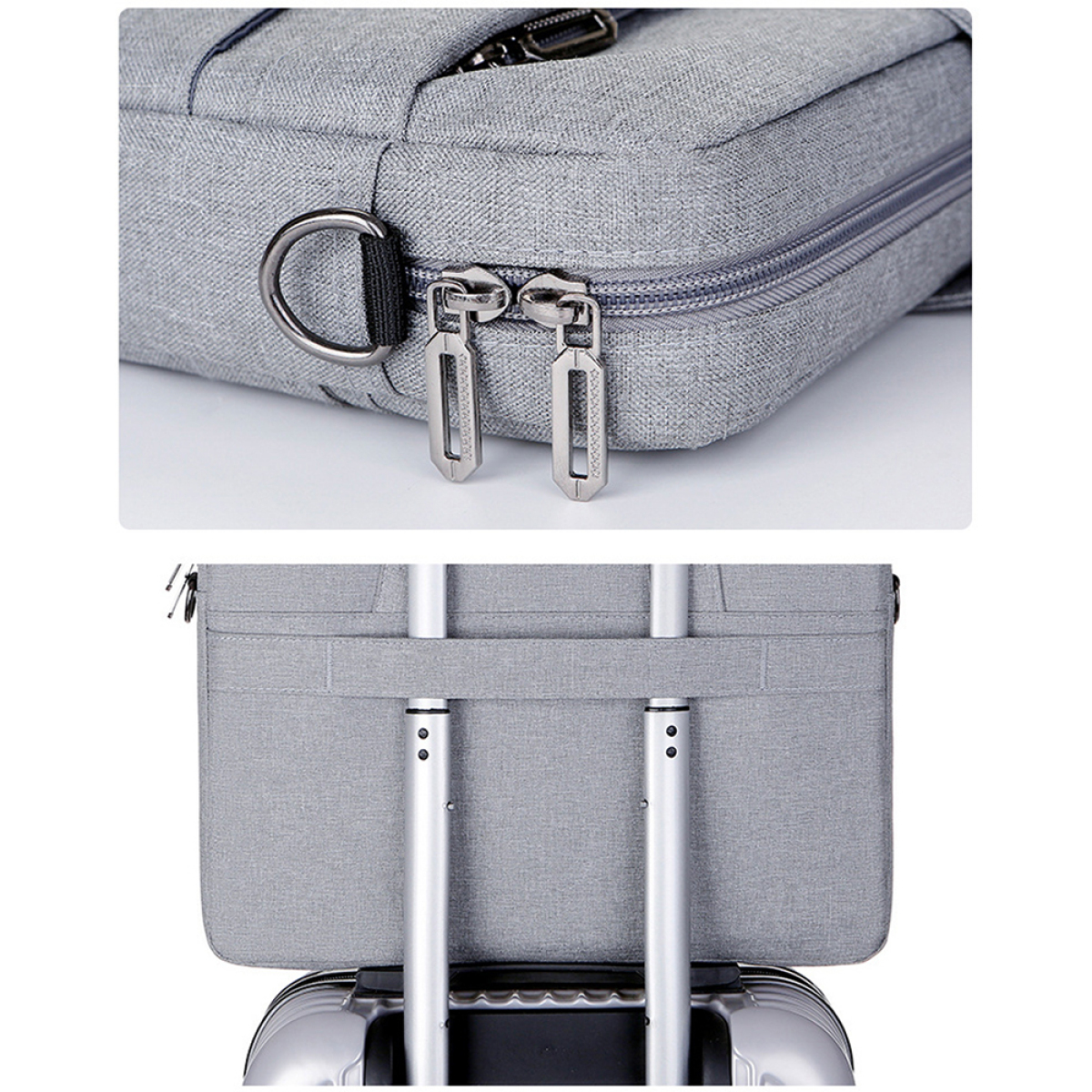 Graue Tasche mit Reißverschlüssen. Nahaufnahme von Reißverschlüssen und einem Griff zur Befestigung am Koffer.