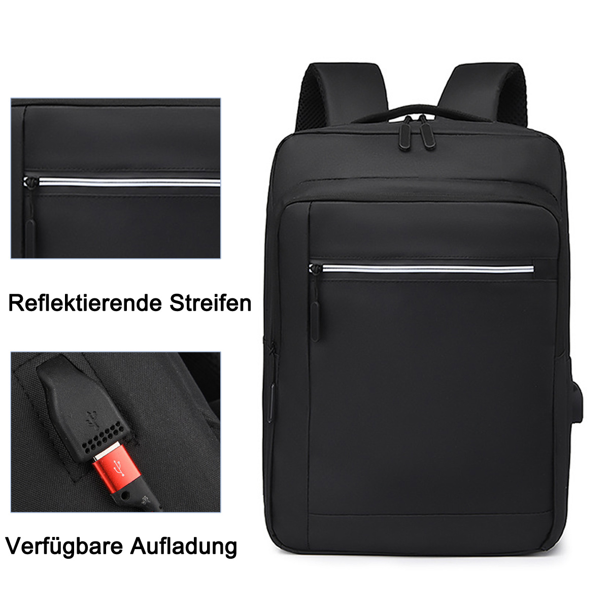 Schwarzer Rucksack mit reflektierenden Streifen und USB-Ladeanschluss. Detailaufnahmen von Reißverschlüssen und Schnalle.