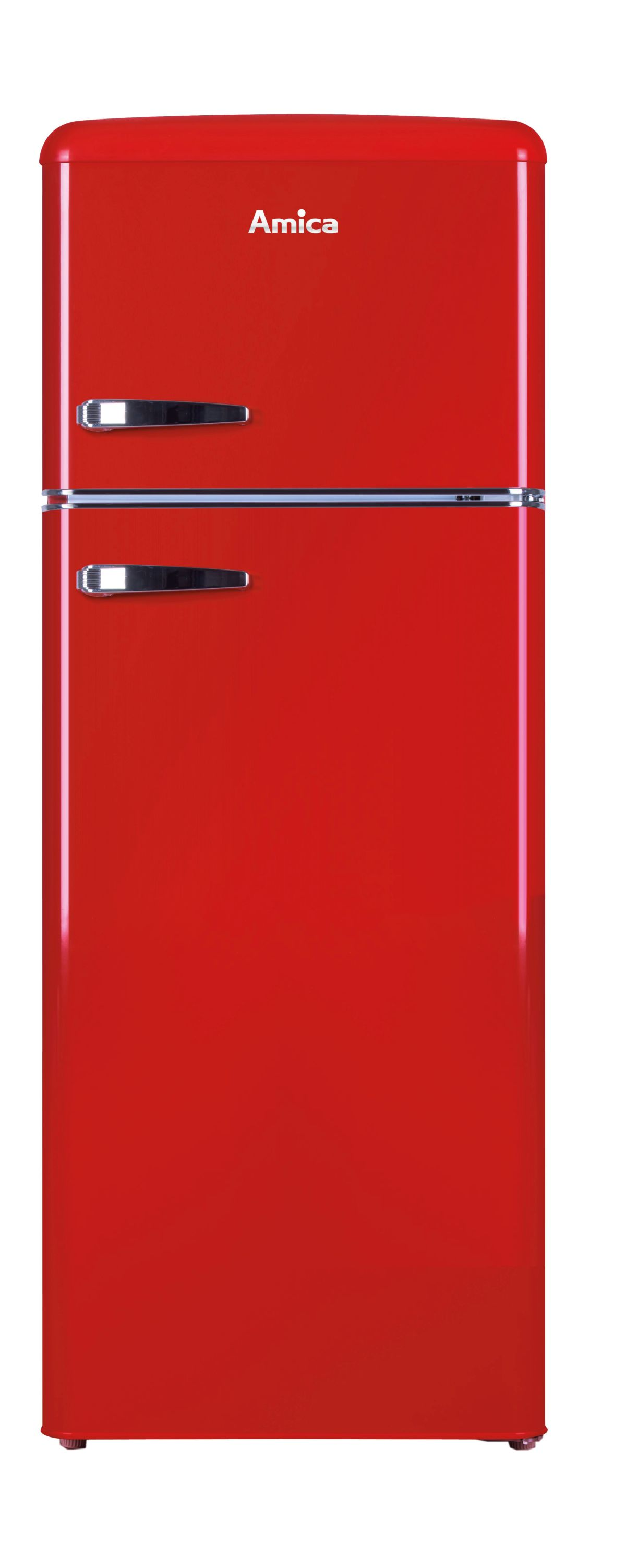 Roter Kühlschrank im Retro-Design. Er hat einen oberen und unteren Abschnitt, mit silbernen Griffen und Amica-Branding.