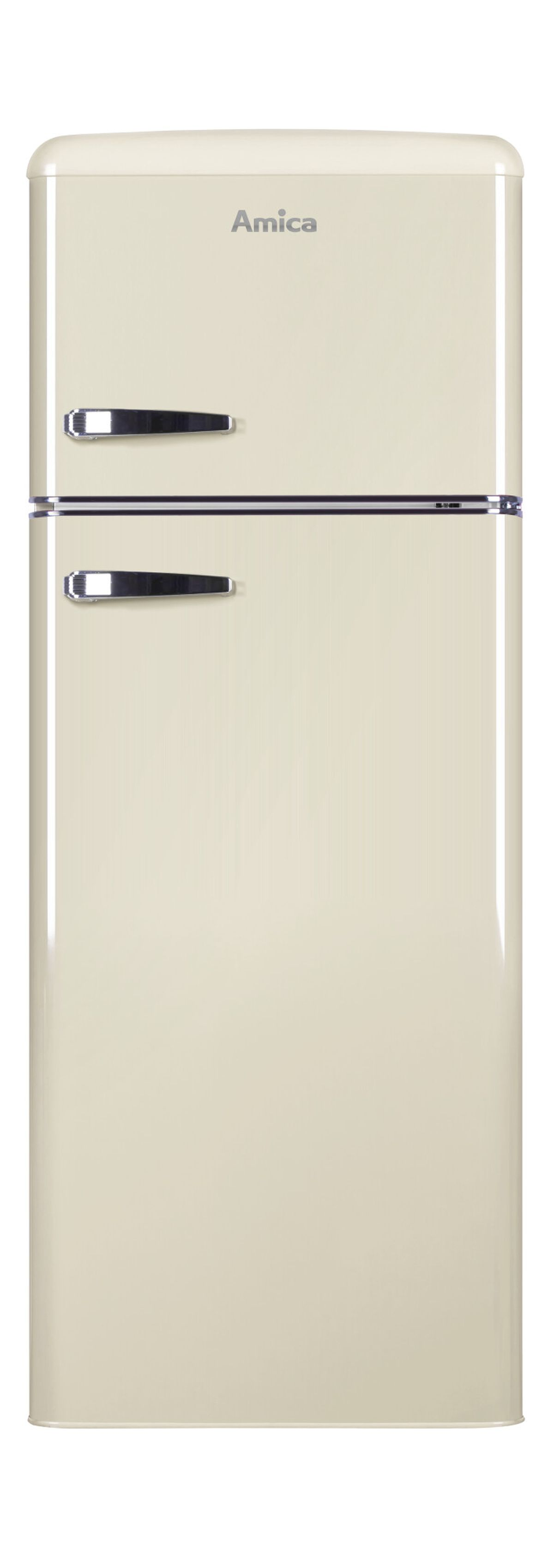 Kühlschrank im Retro-Stil in Cremefarbe mit Chromgriffen, weißer Hintergrund.