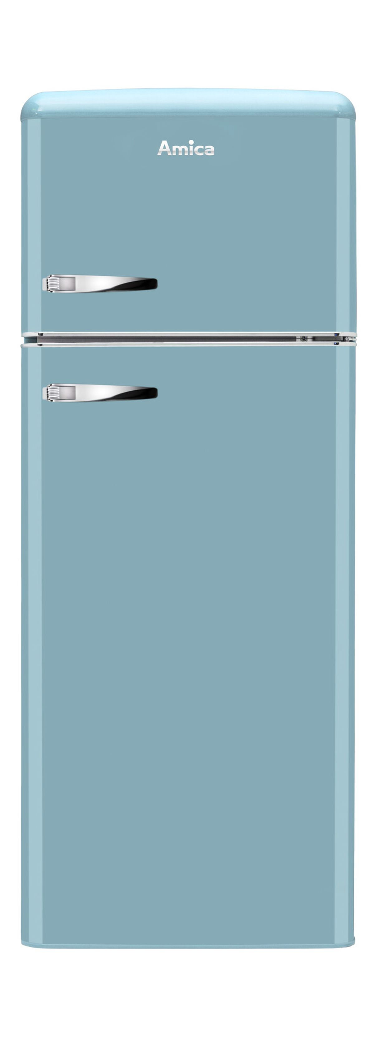 Hellblauer Retro-Kühlschrank mit silbernen Griffen, Markenname Amica.