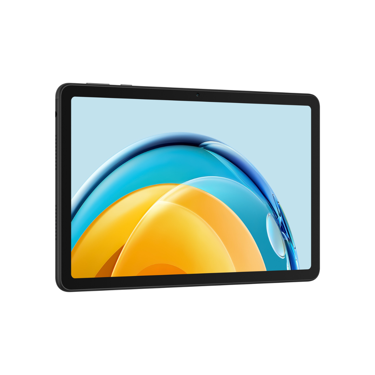 Ein schwarzes Tablet mit einem Bildschirm, der ein blaues und gelbes abstraktes Bild zeigt. Das Tablet ist abgewinkelt.