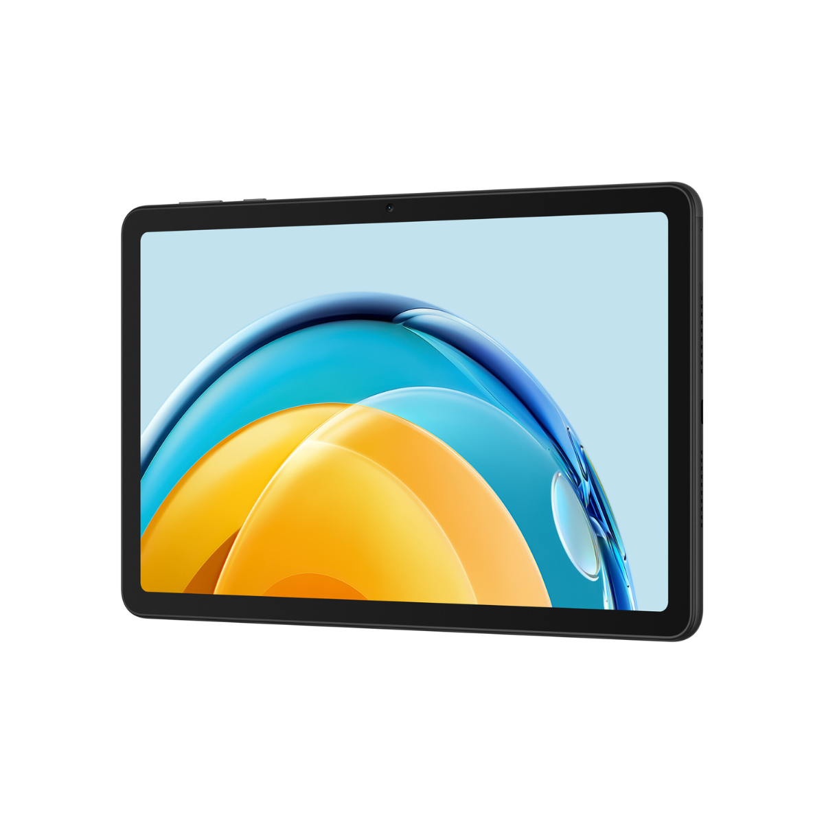 Schwarzes Tablet mit farbenfrohem Display, isoliert auf Weiß. Der Bildschirm zeigt ein UI-Design.