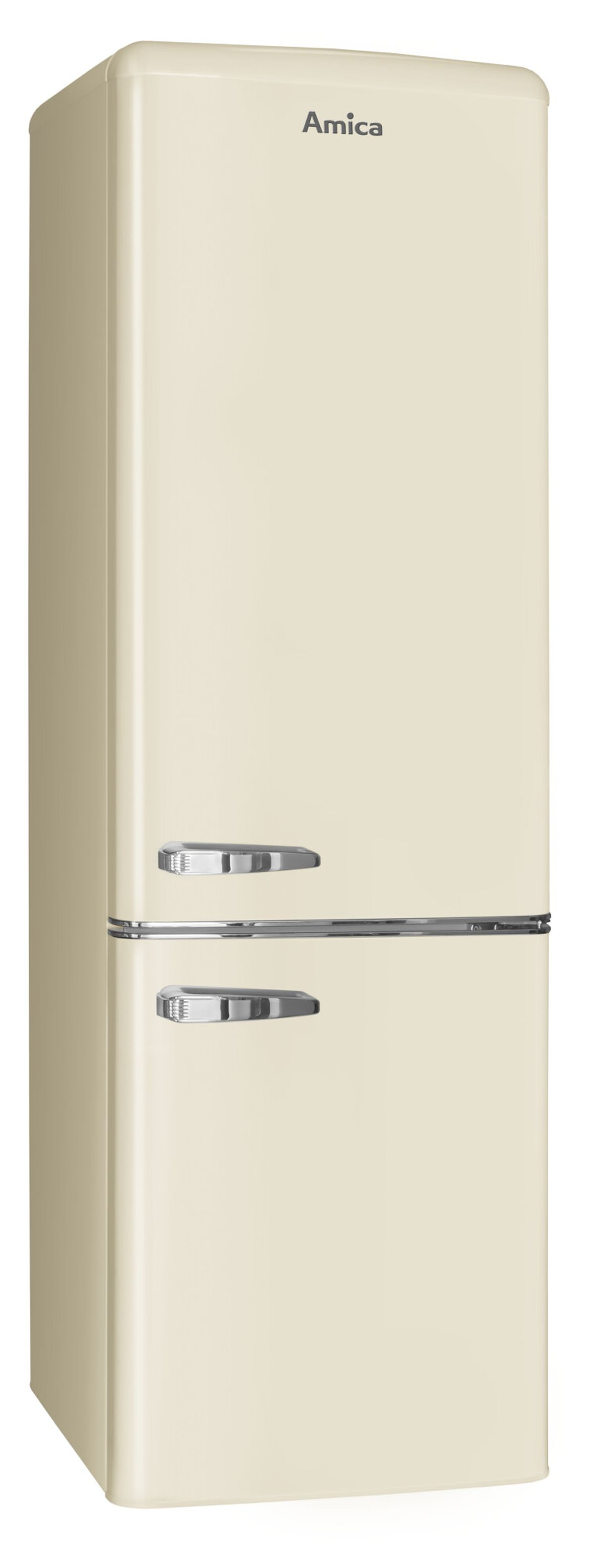 Ein cremefarbener Kühlschrank mit zwei silbernen Griffen und dem Amica-Logo oben.