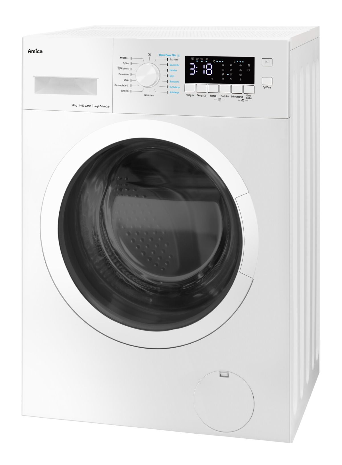 Biała pralka Amica. Widok z przodu z panelem sterowania i drzwiami. Białe tło.