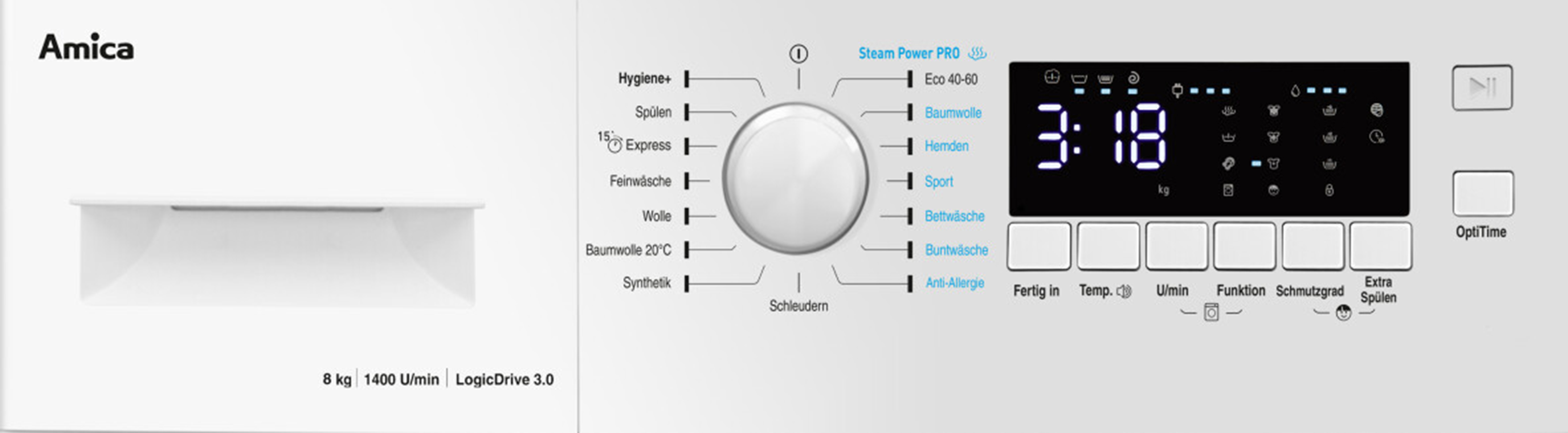 Panel sterowania pralki. Białe i czarne kolory z wieloma przyciskami i wyświetlaczem.
